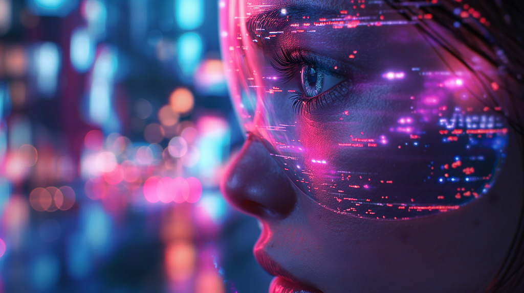 A vibrant and trendy scene showcasing diverse young people interacting with advanced AI technology. The image blends human empathy and innovation, featuring virtual reality interfaces, holographic displays, and collaborative engagement. The background includes abstract, colorful shapes and patterns, representing data and machine learning, creating a modern and engaging atmosphere.