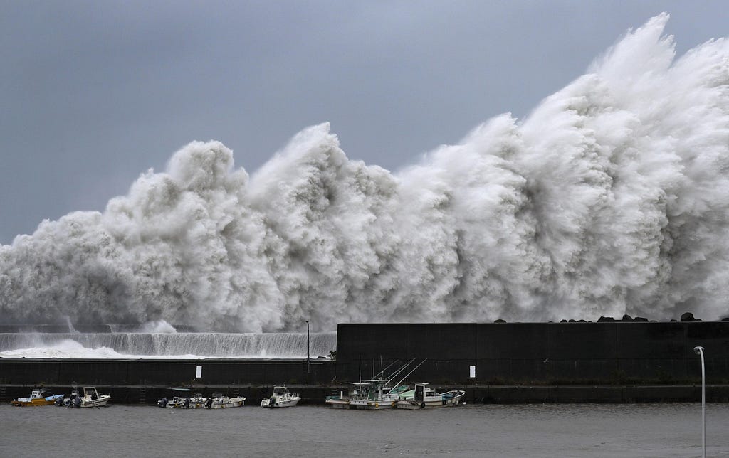 High waves hitting a fishing port in Aki city, Kochi prefecture back in 2018 due to typhoon Jebi.