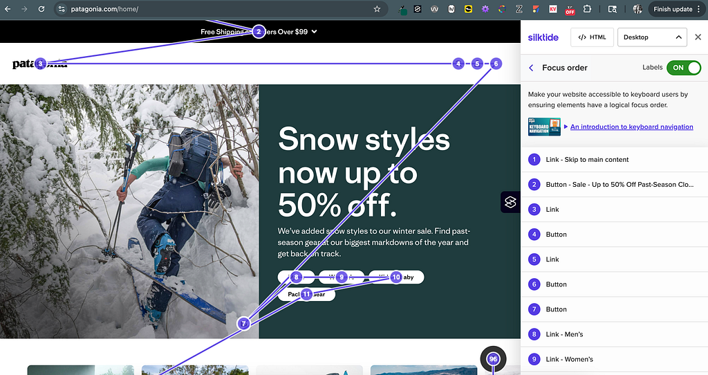 Silktide visualizes the focus order directly on the webpage