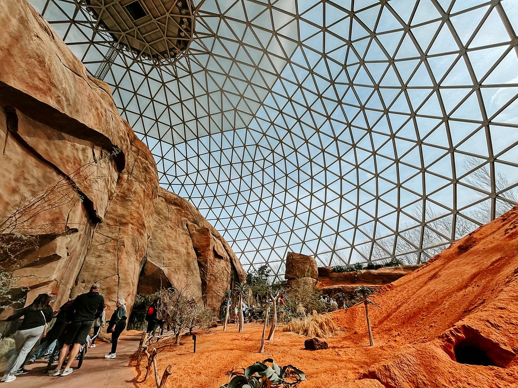 The interior of the Desert Dome features a glass dome covering orange sands and cacti