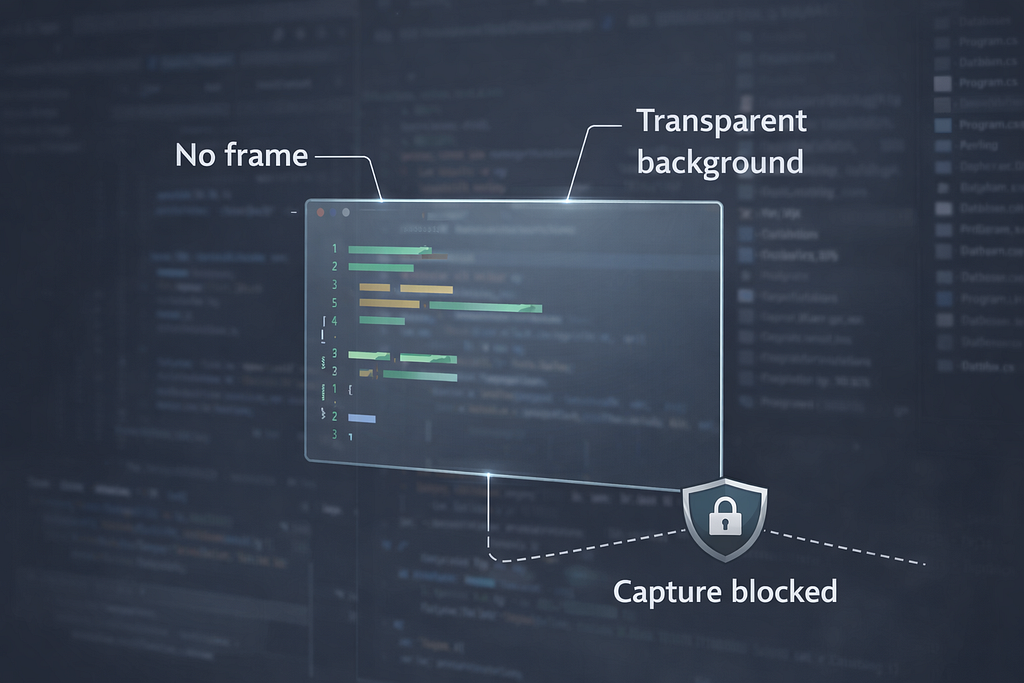 Electron BrowserWindow inspector with the key properties highlighted — transparent, frameless, content protection enabled