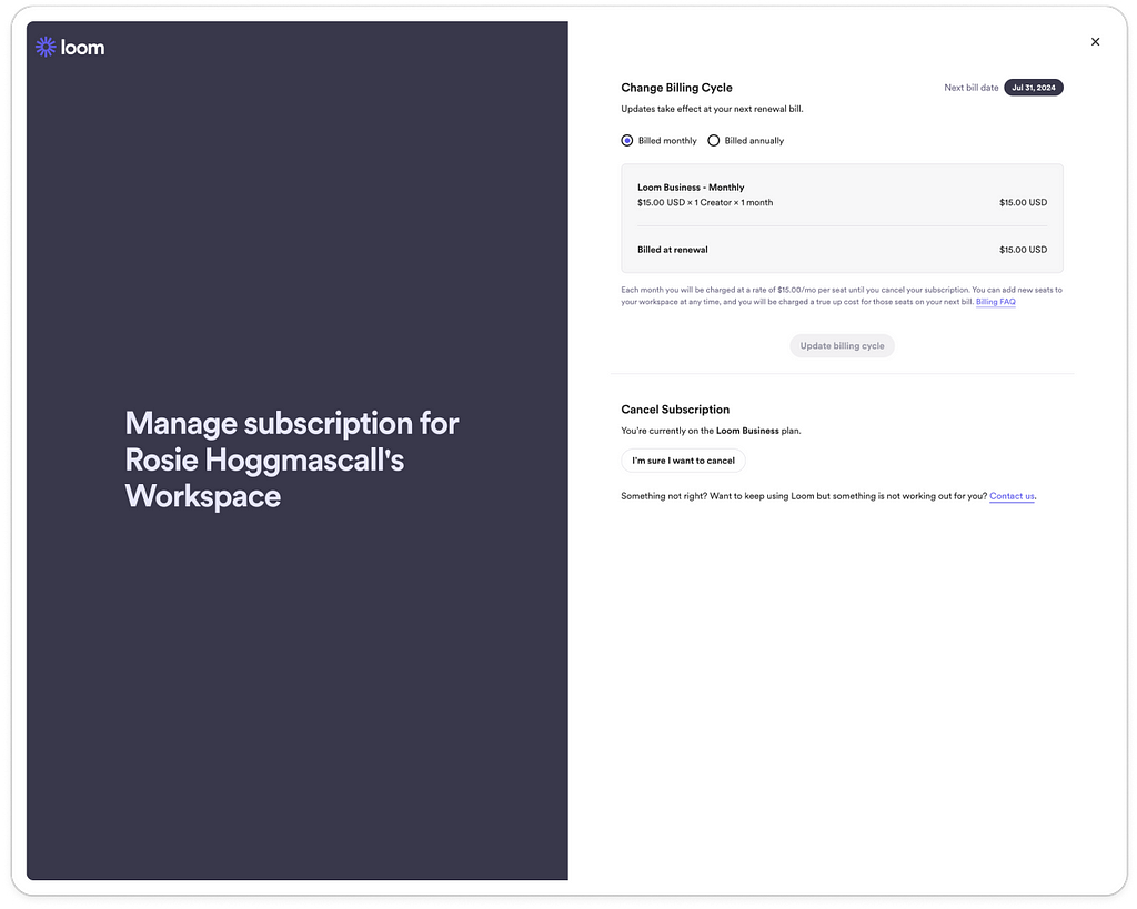 Screenshot of the Manage Subscription page on Loom