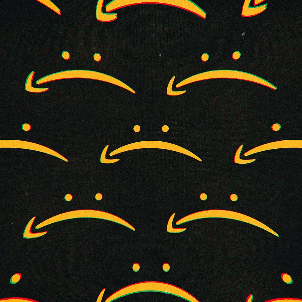 Multiple Amazon Arrows depicted upside down with two dots as many sad faces