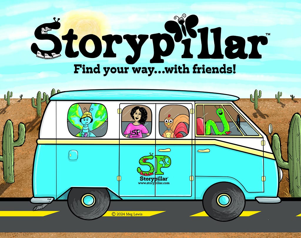 Decorative text reads: “Storypillar Find your way…with friends!.” Characters from the show are illustrated riding ins a vintage-style blue, white, and light yellow bus-van and facing the viewer. The bus-van is depicted as driving down a road surrounded by the dessert with multiple cacti.