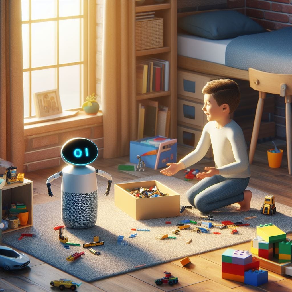 A robot is helping a kid organising his room