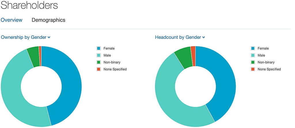Graphs showing equitable ownership by gender as well as diverse headcount.