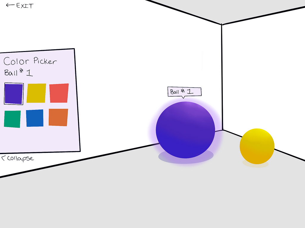 Hand drawn doodle of two 3D spheres, one is select and shown to be connected to the UI via a label.