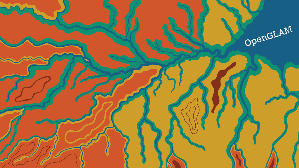 Ilustração de vários rios indo na direção de um rio maior e seu delta. Os rios são representados em azul, com margens verdes, amarelas e vermelhas, e sobre um fundo laranga e amarelo.
