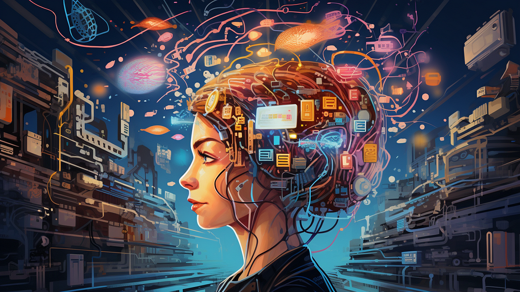 Illustrate a human brain and an AI circuit board, both intertwined and emitting sparks of creativity, surrounded by floating icons of story elements like characters, plot twists, and settings.