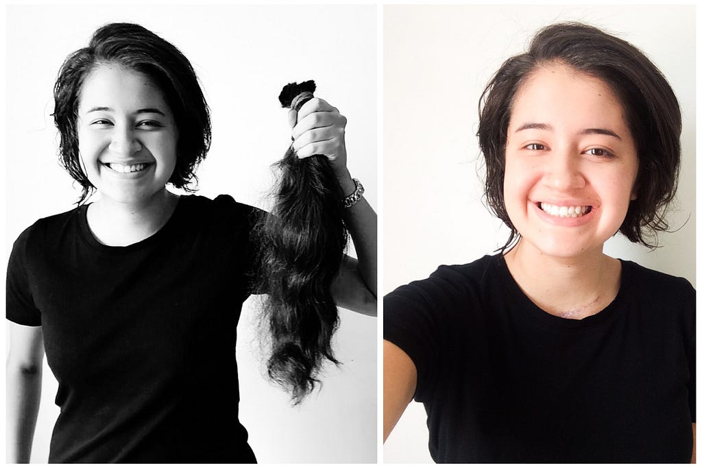 Two images: the first one shows a girl with chin-length hair holding a ponytail of hair, the second is just the girl with said haircut.