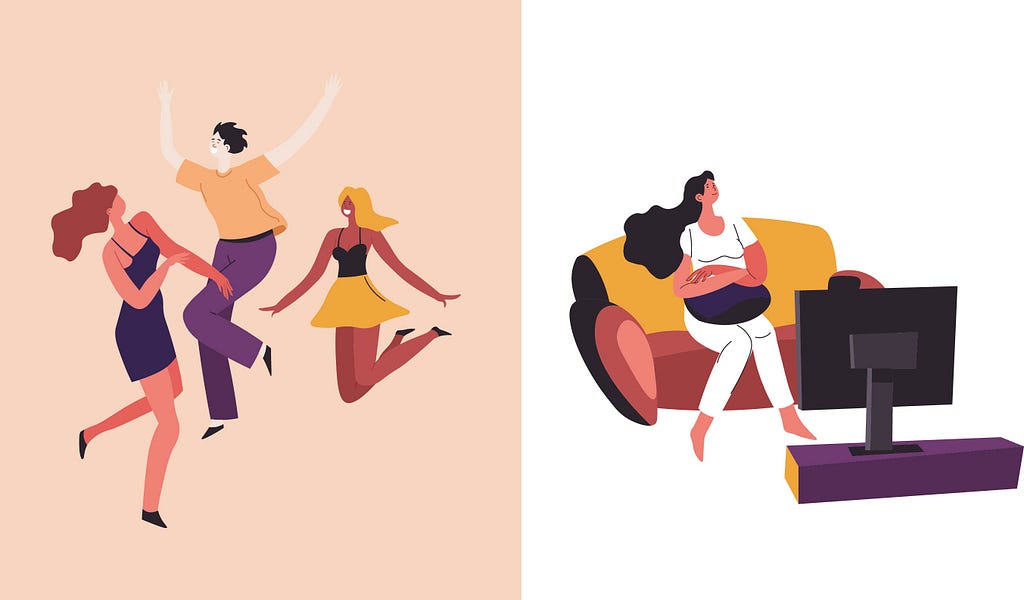Group of people dancing representing extroverts and another watching TV representing introverts.