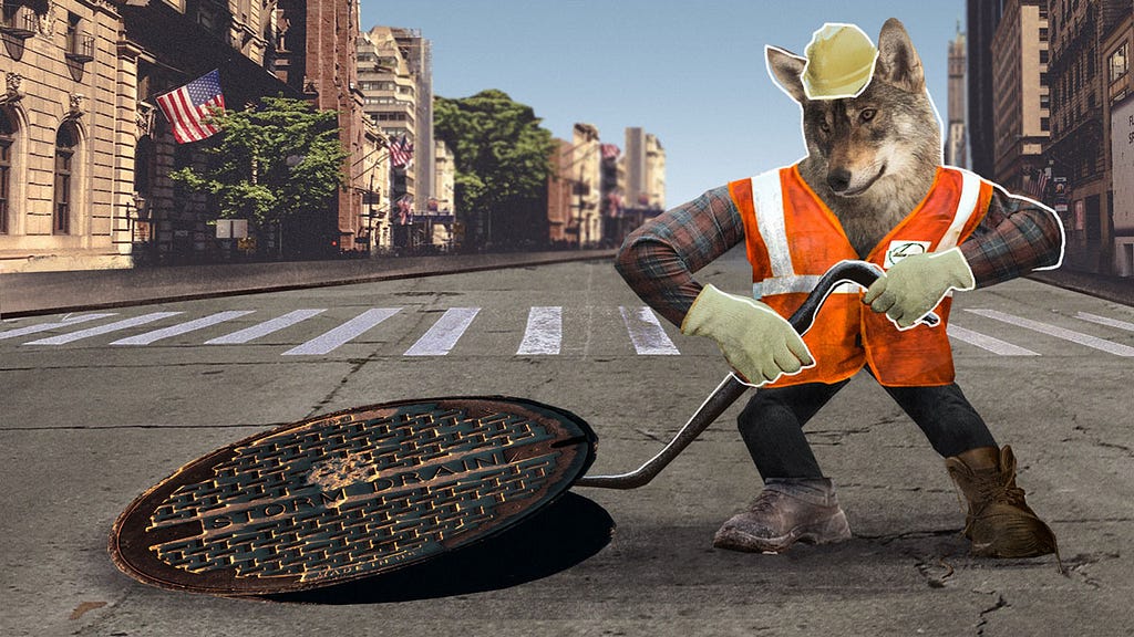 A wolf in a construction uniform — safety vest, gloves, and work boots — pries open a manhole with a crowbar. In the background, US flags wave along a vintage-style street scene.
