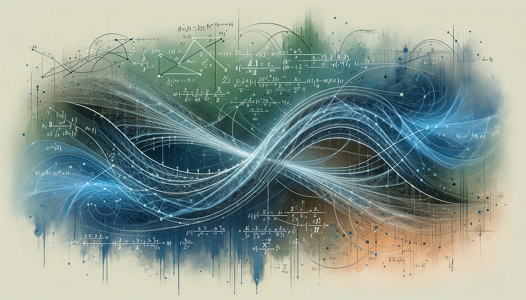 A visually engaging image with intertwining pathways representing the Brownian Bridge concept in a mathematical context. These are overlaid with faint mathematical formulas, particularly those representing covariance and stochastic processes. The theme blends abstract art with mathematical imagery, using a palette of cool blues and greens to evoke a sense of calculation and precision. The image is designed to be visually appealing and conceptually relevant to the topic of Brownian Bridges.