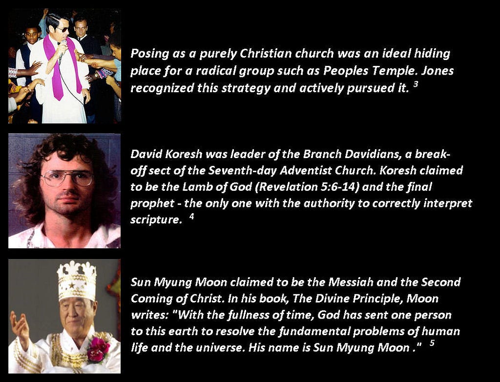 Cult leaders utilize religious ideas to persuade (graphic composed by author, references noted).