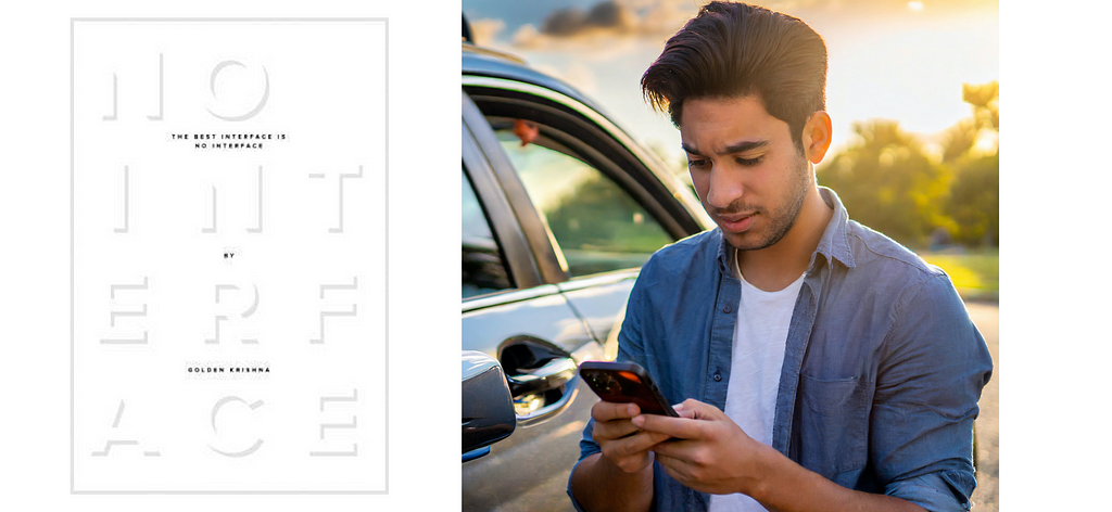 Left: Book cover of “The Best Interface is No Inferface” by Golden Krishna (source: Goodreads). Right: Image generated using Adobe Firefly