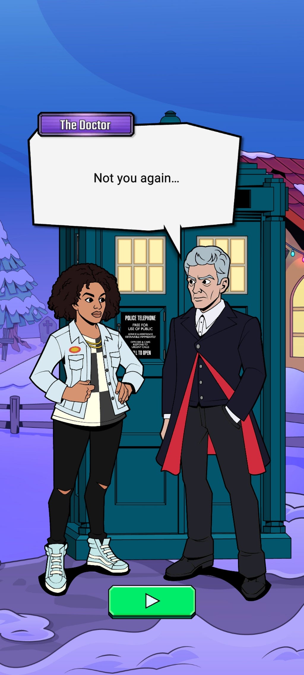 A screenshot of Bill Potts and the Twelfth Doctor from Doctor Who: Lost in Time. Doctor: Not you again…
