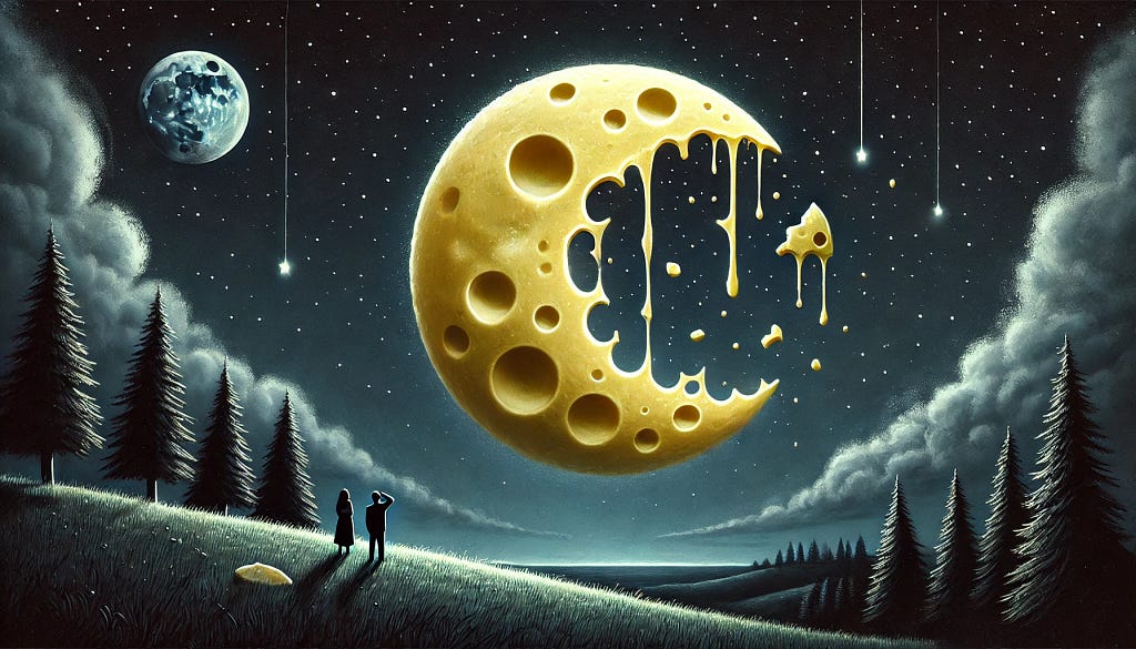 Imaginary representation of the Moon depicted as a piece of cheese.