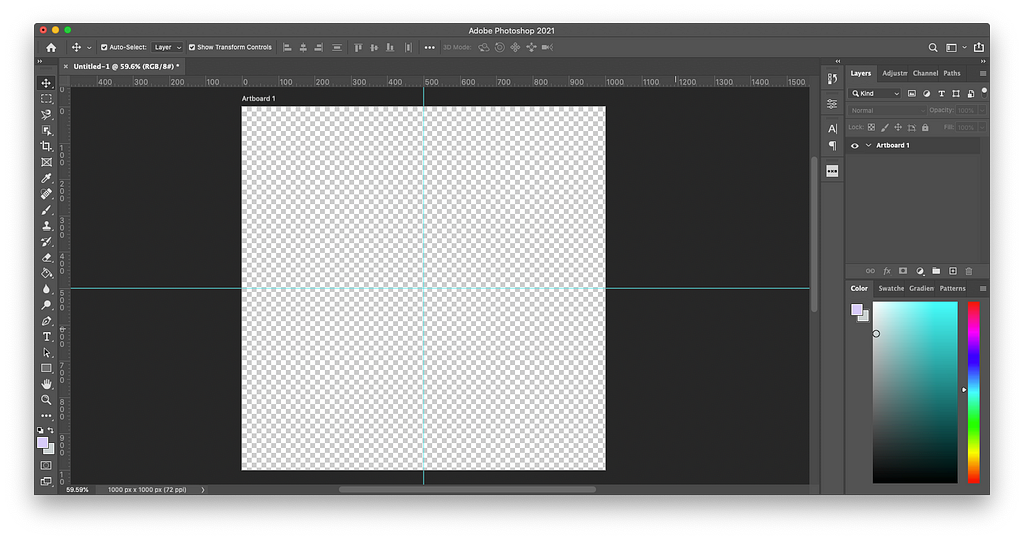 Step 2 of how to make patterns in Photoshop: Click View rulers and create vertical and horizontal guides snapped to the center of the artboard to create four even quadrants to divide your canvas.