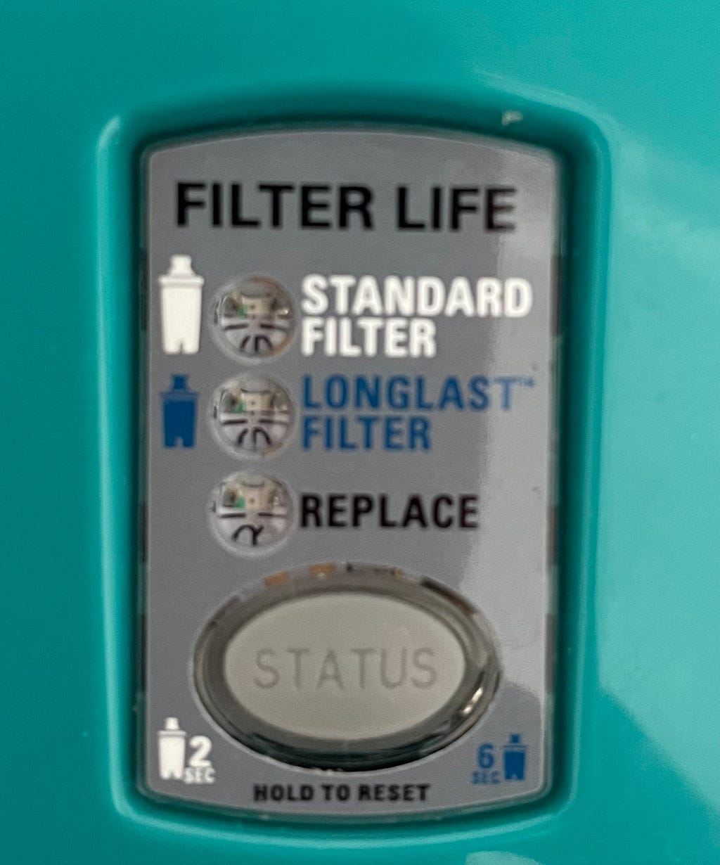 The filter replacement indicator on a Brita water filter. Labels read “Standard Filter”, “Longlast Filter” and “Replace”.