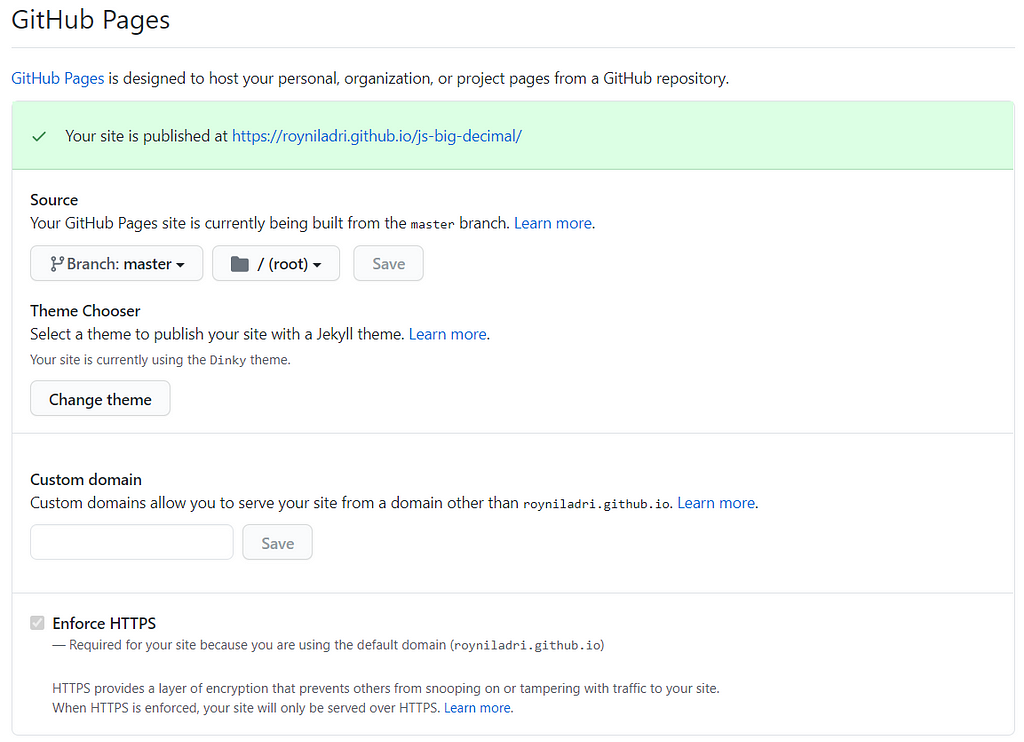 Settings to enable GitHub Pages, Basic Configuration