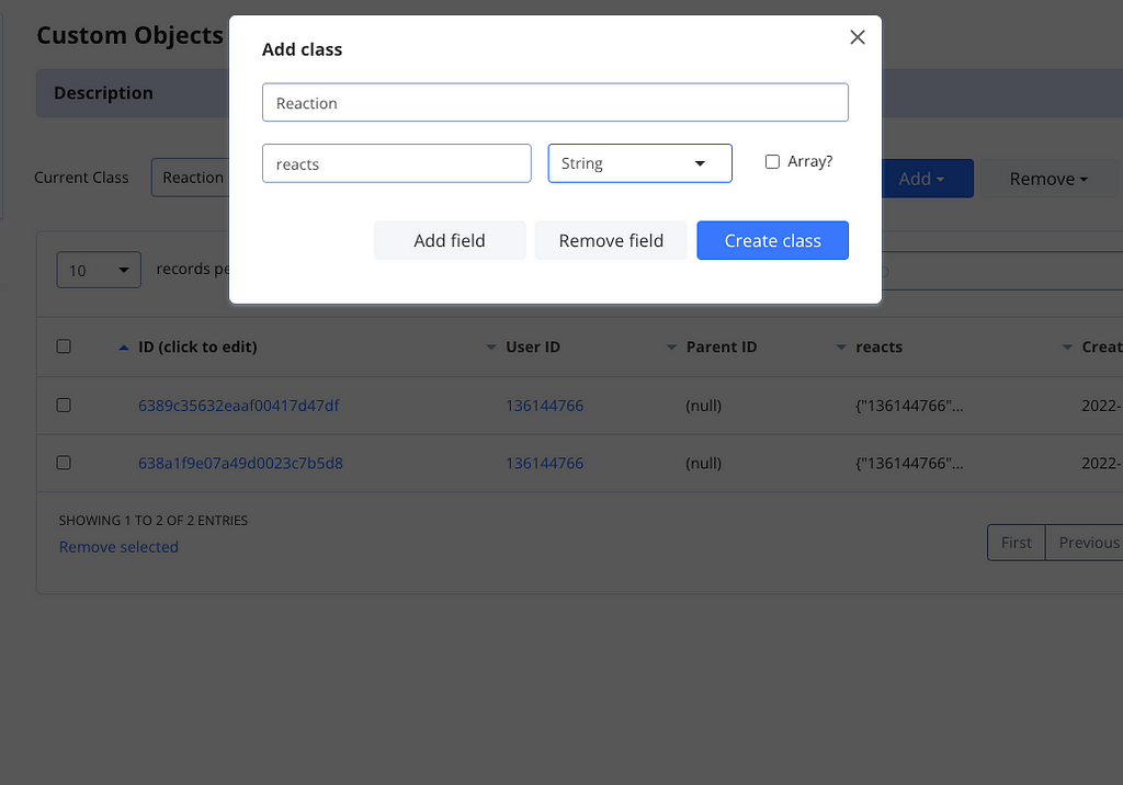 Add Reaction class as Custom Object in Quickblox dashboard