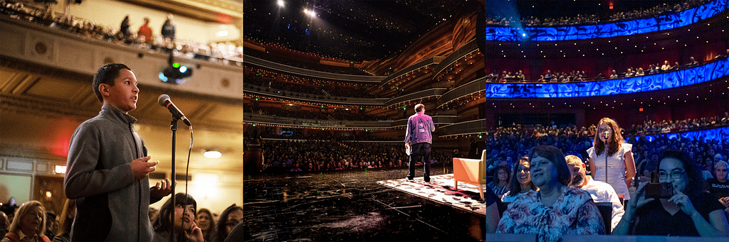 collage of three photos. from left to right, a child stands up to a mic to ask a question, a man stands on stage speaking to a full theater, a young girl stands in the middle of a crowded theater speaking in a mic as a spotlight shines down on her