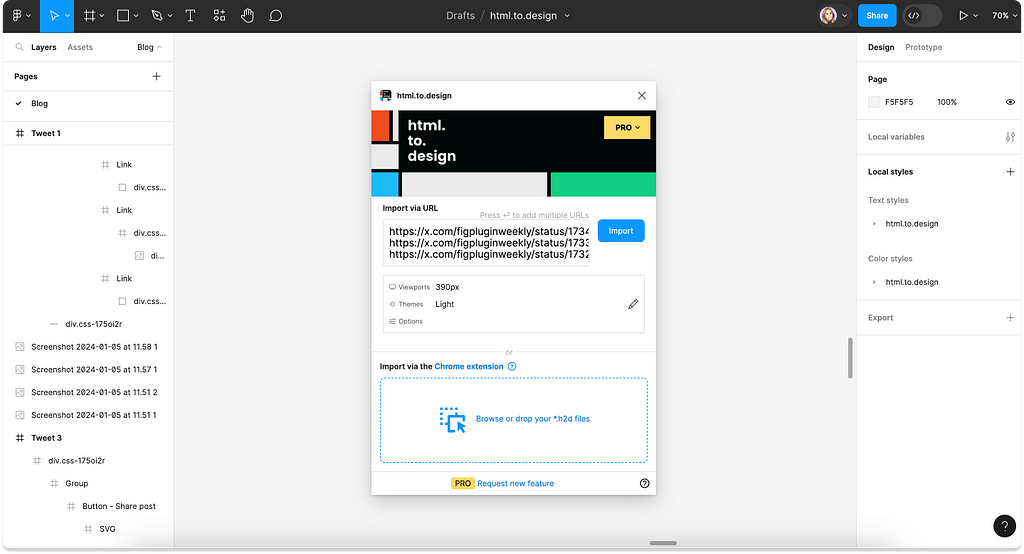 Screenshot of how to import a tweet into Figma using html.to.design