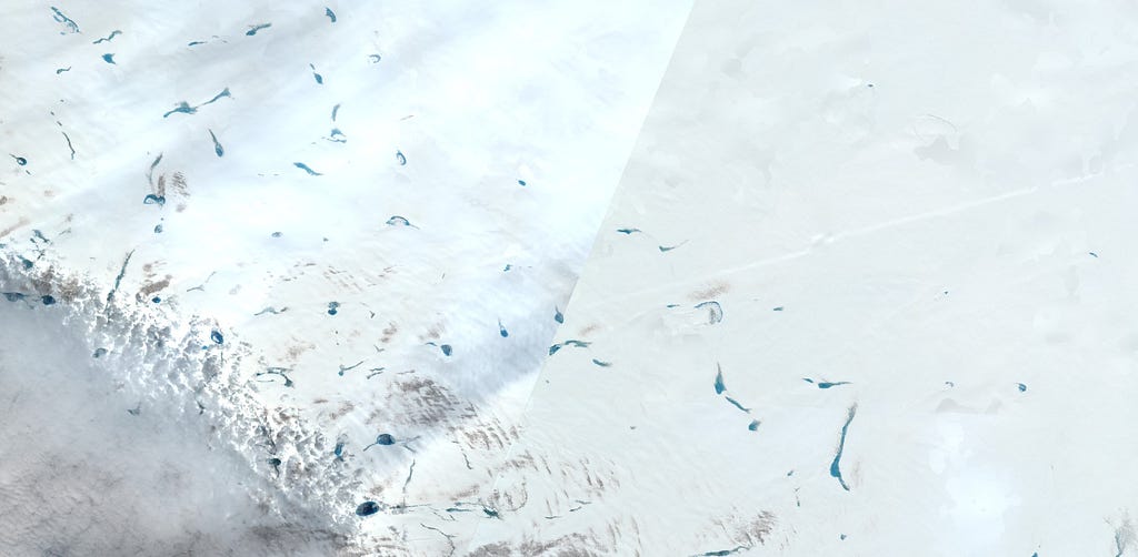 Satellite image of the Greenland ice-sheet with a clear difference between orbits