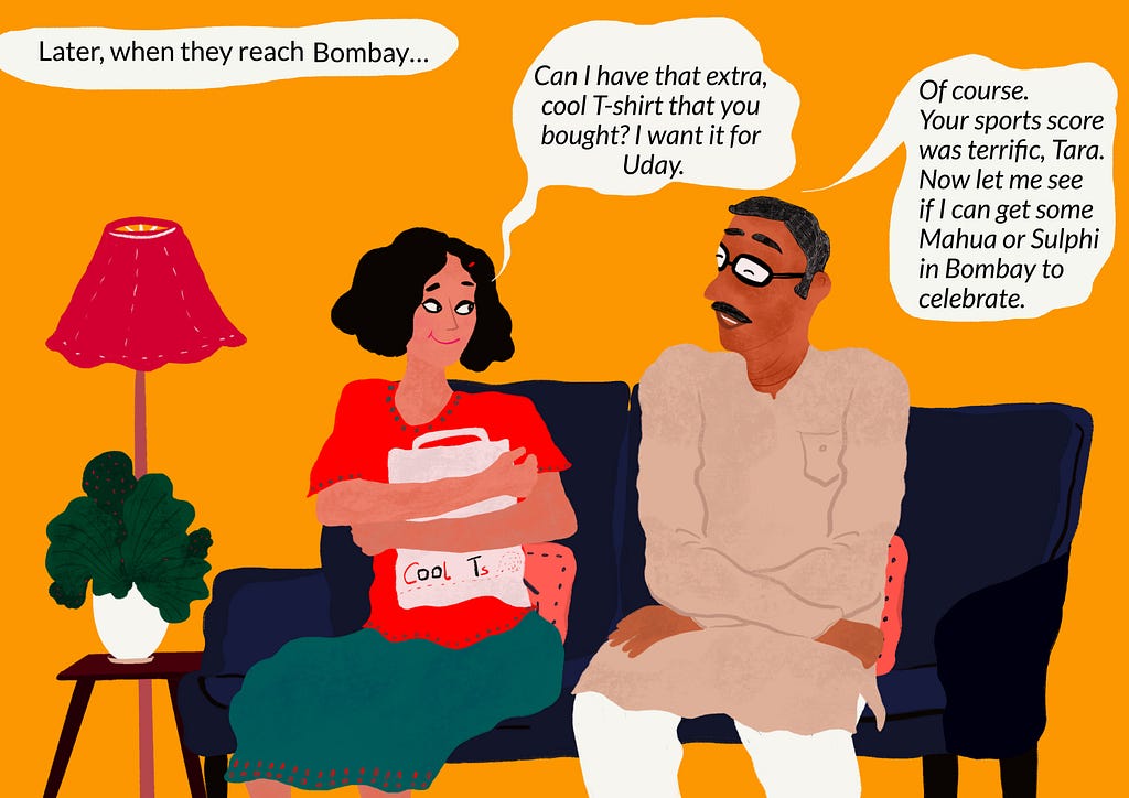 Later in Bombay, Tara and BB Uncle sit on a sofa and have a conversation. Tara asks if she h=can have the t-shirt.