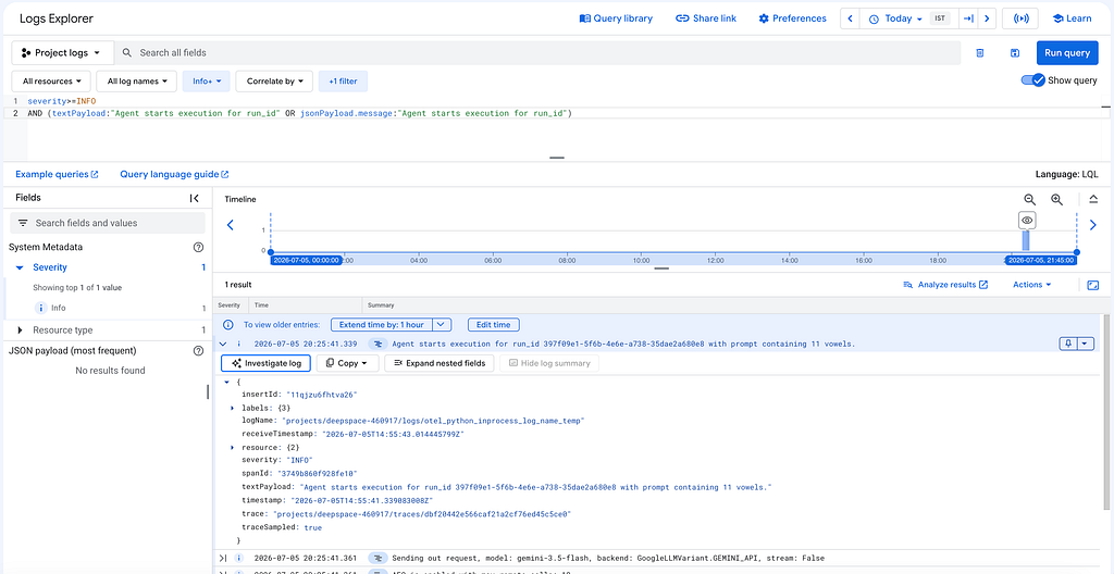 Correlated application logs with injected OpenTelemetry Trace IDs.