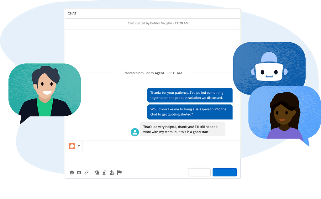 illustration showing a conversation UI with a customer, agent, and support bot as participants