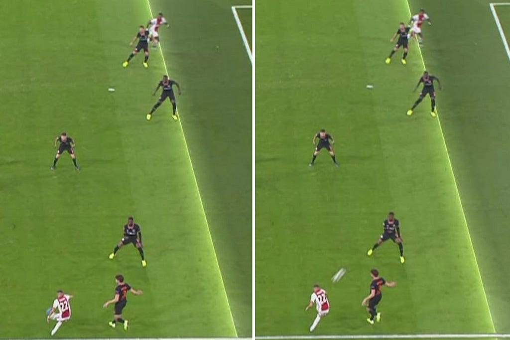 Side by side views of two frames used to make an offside decision, showing very blurred football due to movement.
