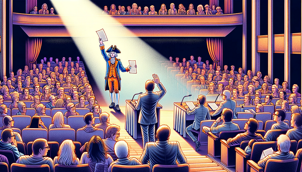 A scene viewed from the balcony of a drama theater, showing a young man in George Washington costume energetically waving a research paper as he walks down the aisle toward a brightly lit stage. On stage, a man in a grey suit cups his hands over his eyes to see the approaching man, while a seated blond woman and bodyguards are also depicted, with some audience members in modern attire laughing in the background.