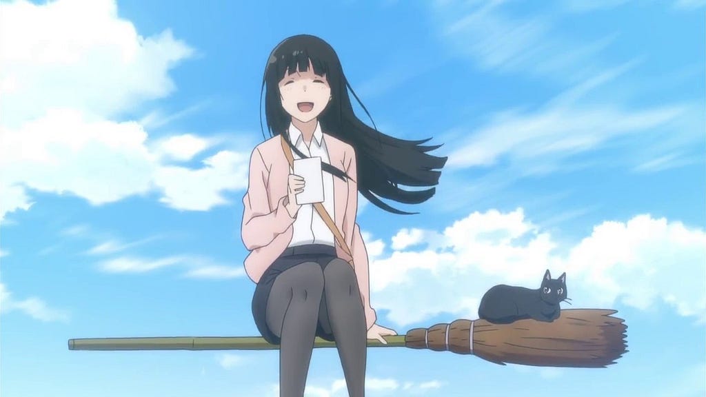 A screenshot from Flying Witch showing the main character Makoto happily flying on her broom with a black cat along for the ride.