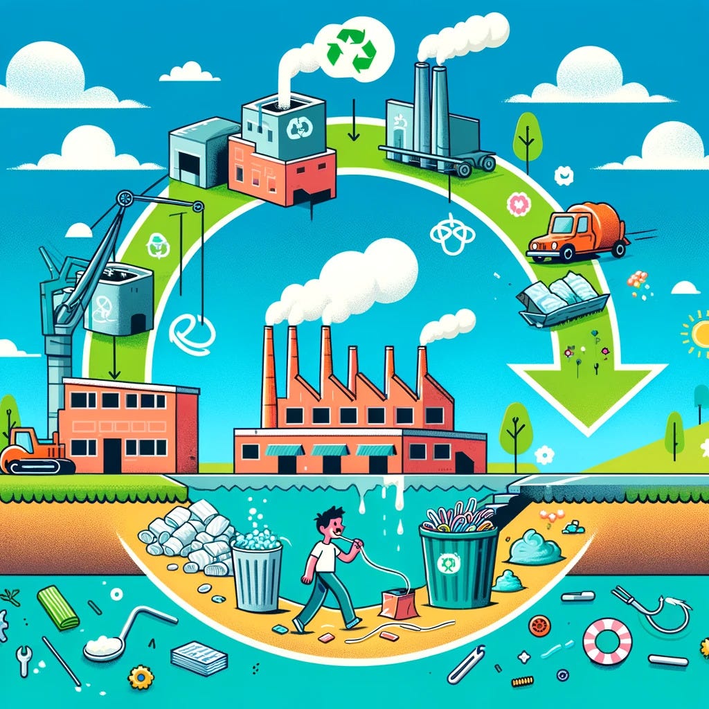A colorful and engaging cartoon illustrating the lifecycle of traditional dental floss, from production through use to disposal in a landfill, highlig.jpg