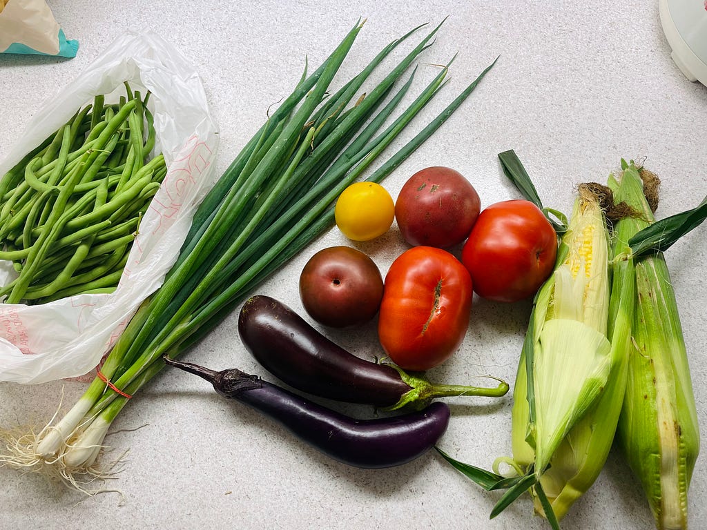 A collection of vegetables: green beans, spring onions, eggplants, tomatoes, corn