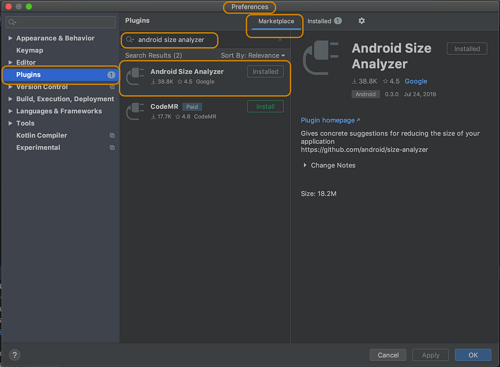 screenshot showing how to download Android Size Analyzer
