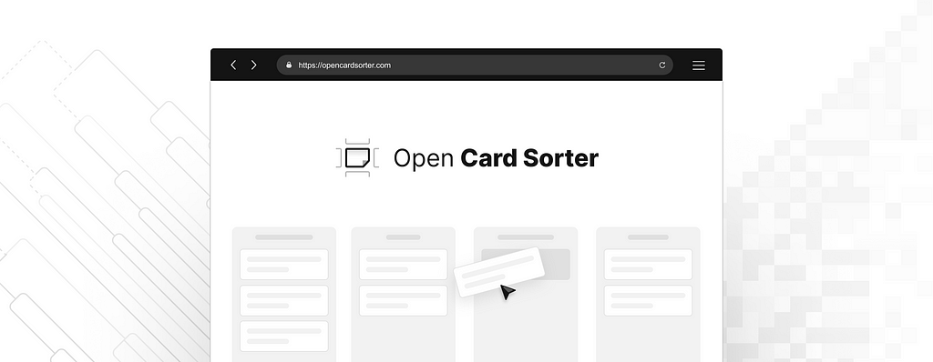 Ilustração de uma interface com um card sorting rodando e um mouse puxando um card de um grupo para outro