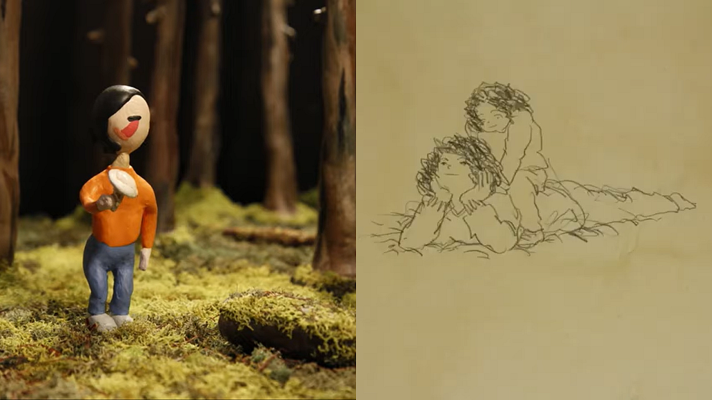 A compound image made of two film stills. On the left from IN THE SHADOW OF THE PINES by Anne Koizumi is a claymation Asian character wearing an orange shirt and blue pants, holding a mushroom standing in a pine forest. On the right from TIGER AND OX by Seunghee Kim is a pencil sketch of a daughter figure sitting on her mother’s back. Her mother is lying down on the floor with her face propped up in her hands.