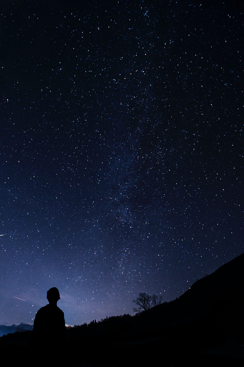 A silhouette of a person looking out at the stars at night. Photo courtesy of Klemen Vrankar and Unsplash.