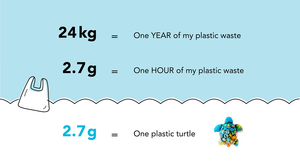 The calculation of my plastic footprint (using plastic turtles as a unit of measurement). 24kg of plastic waste in one year