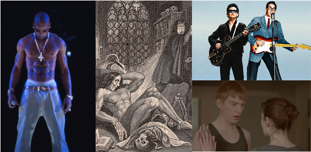 A mosaic of four images: Virtual Tupac, holographic shirtless figure on Coachella stage, Frankenstein and his creation, illustrated in black and white, images of two figures in suits Roy Orbison & Buddy Holly holding guitars, and stills from “Be Right Back” in which a man and woman hold their palms up to each other