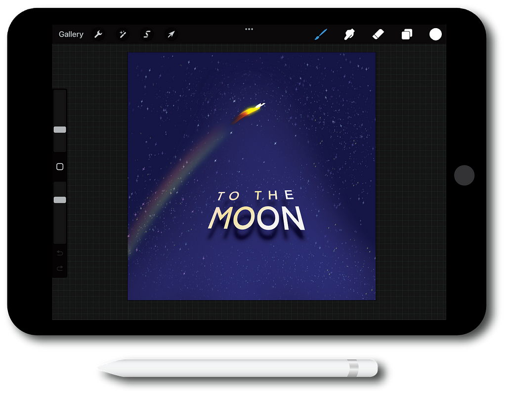 Image of the Procreate app on an iPad screen with an art piece of a shuttle and a phrase “to the moon”