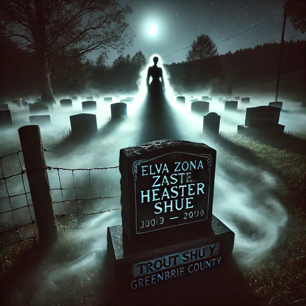 A haunting scene at Elva Zona Heaster Shue’s gravesite at night in Greenbrier County. The gravesite is illuminated by the moonlight,