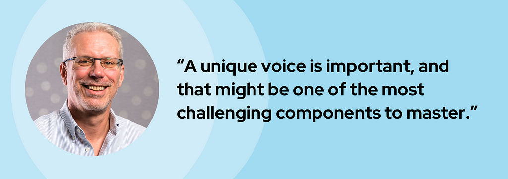A banner graphic introduces Alan with his headshot and quote, “A unique voice is important, and that might be one of the most challenging components to master.”