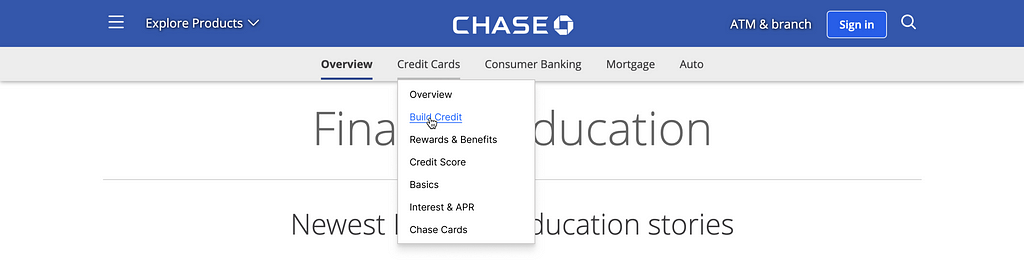 A mock image of the Chase website's top navigation section that incorporates a header navigation dropdown.