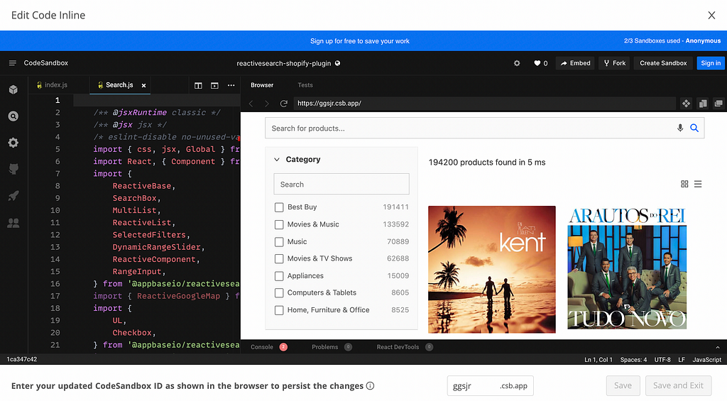 appbase.io UI Builder’s edit code inline feature screenshot