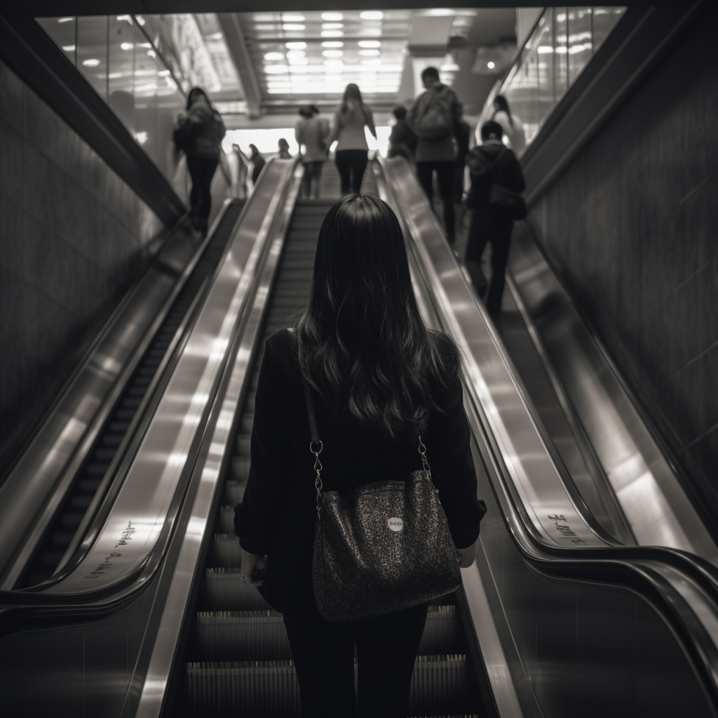 A woman with long dark hair on an escalator going upwards