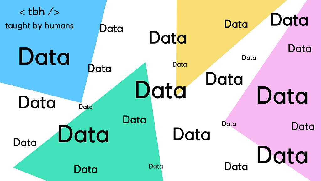 The word “data” all over the image in various sizes. Background is colourful triangles (in the Taught by Humans branding).