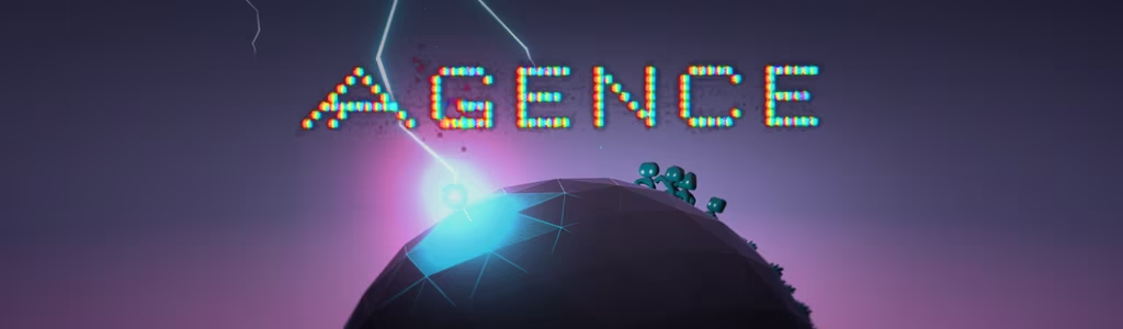 “Agence” written in colorful dots above a geometric globe. Standing on the globe are small, teal characters with no defining features staring at a lightning strike. Image can be found here: https://www.transforms.ai/agence